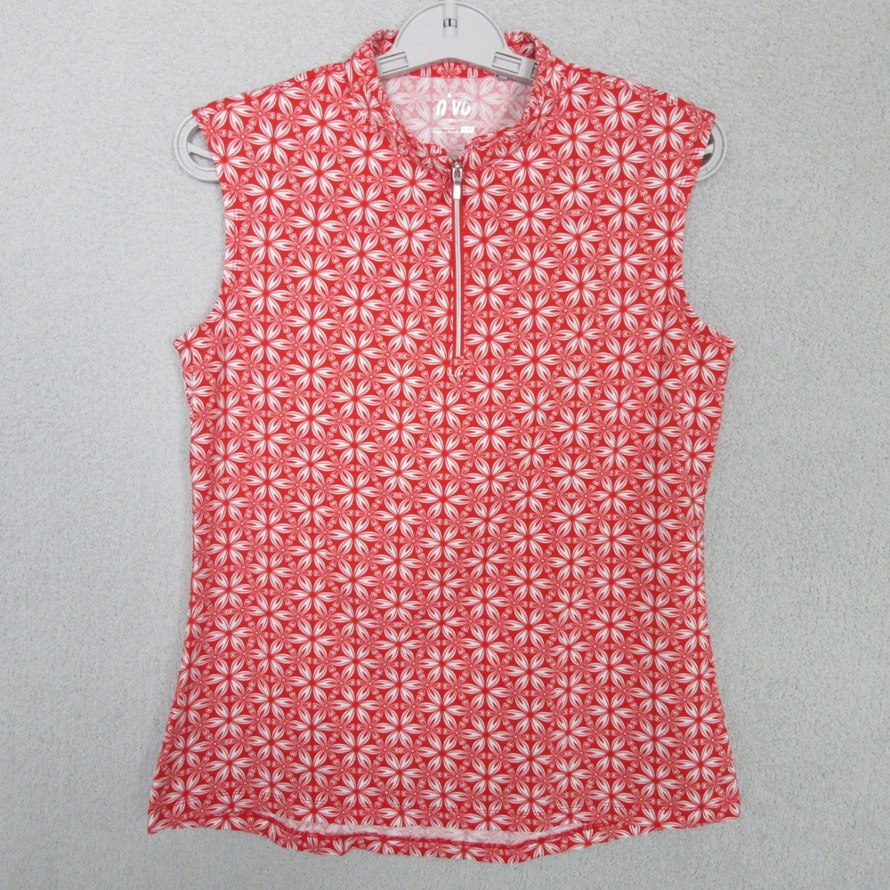 NVO Women's Golf Polo Shirt Red Floral Sleeveless Quarter‎ Zip Size Medium